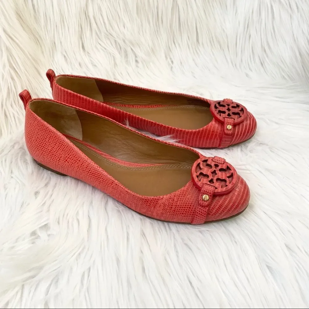 Tory Burch coral Mini Miller lizard flats 7.5